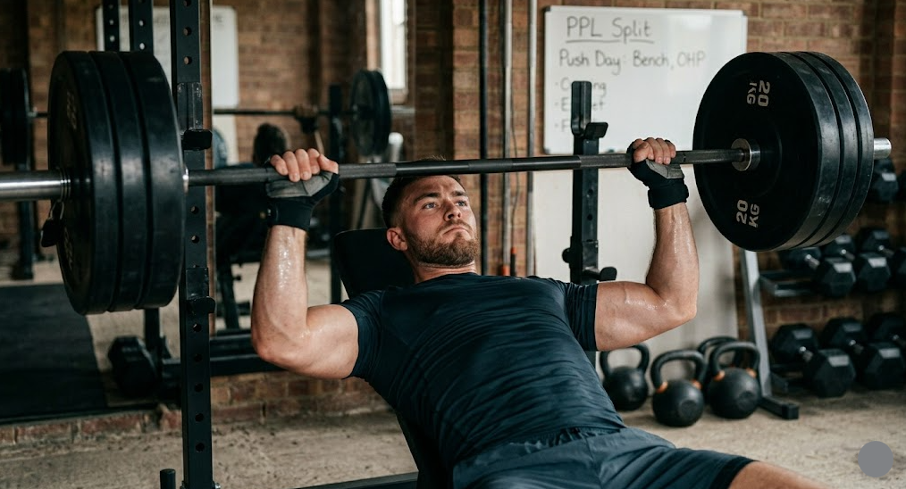 Hombre realizando press de banca inclinado en una rutina Push Pull Legs