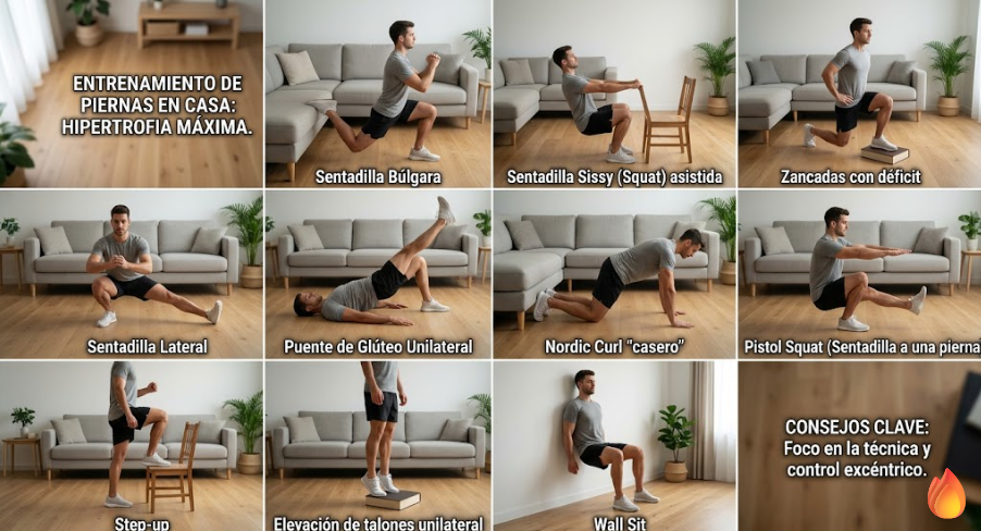 Collage de ejercicios de piernas sin equipo en casa
