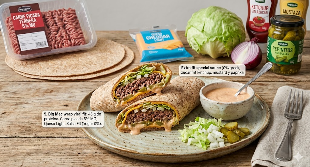 Wrap fit estilo Big Mac cortado por la mitad con salsa y vegetales