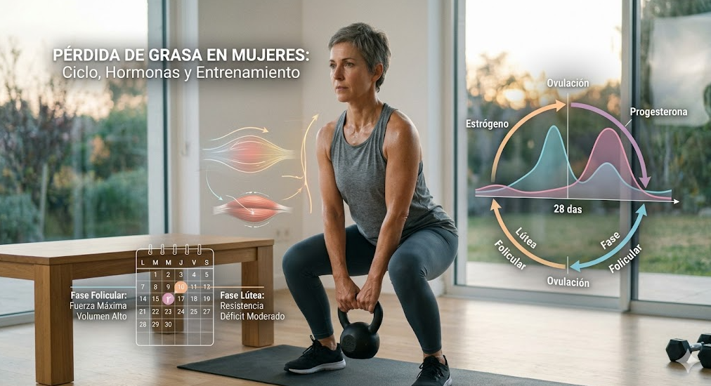 Mujer entrenando con kettlebell junto a gráfico de ciclo menstrual y hormonas