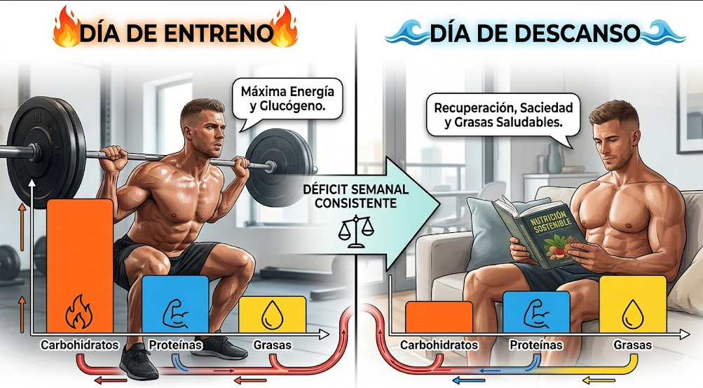 Comparativa visual del reparto de macros en día de entreno y día de descanso
