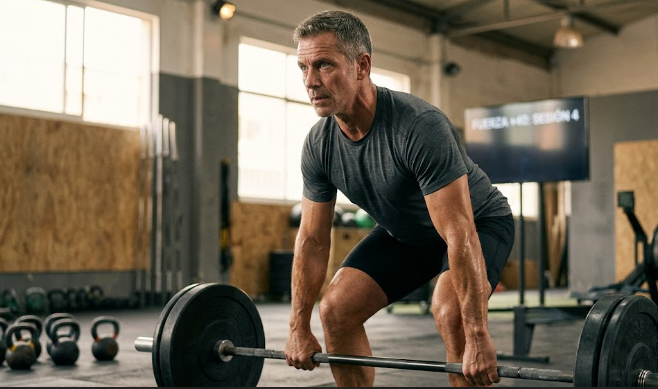 Hombre mayor de 40 entrenando peso muerto en gimnasio