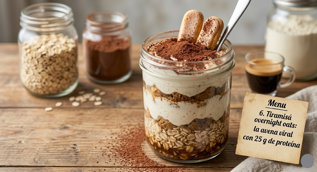 Tarro de overnight oats estilo tiramisú con cacao y bizcochos
