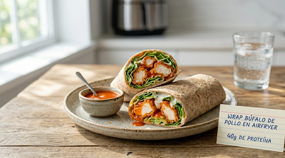 Wraps buffalo de pollo en airfryer con salsa picante y lechuga