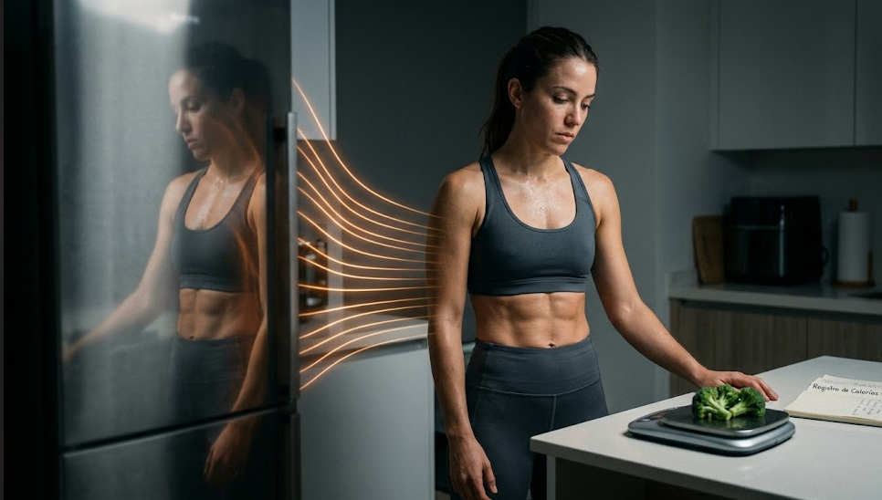 Mujer fitness en cocina junto a báscula y alimentos