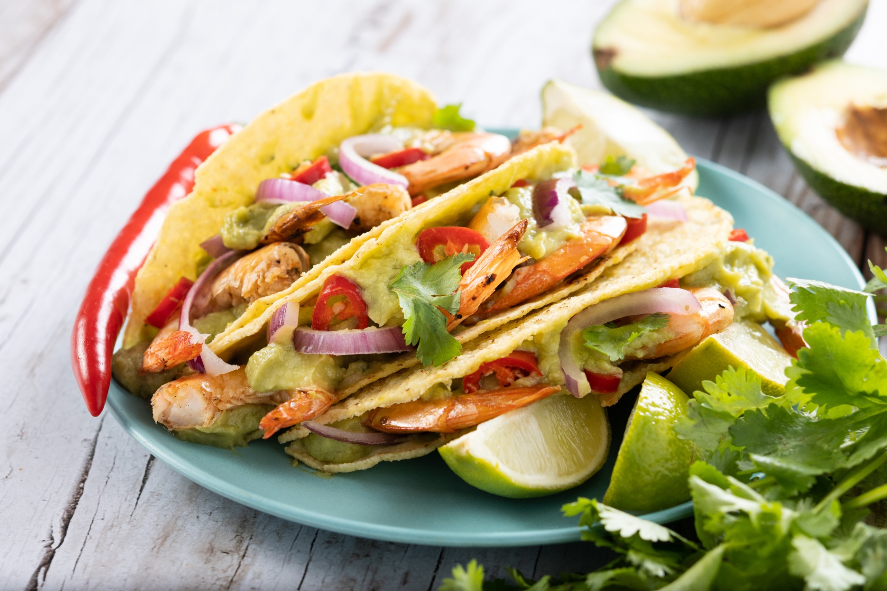 Tacos de pollo con guacamole y cilantro
