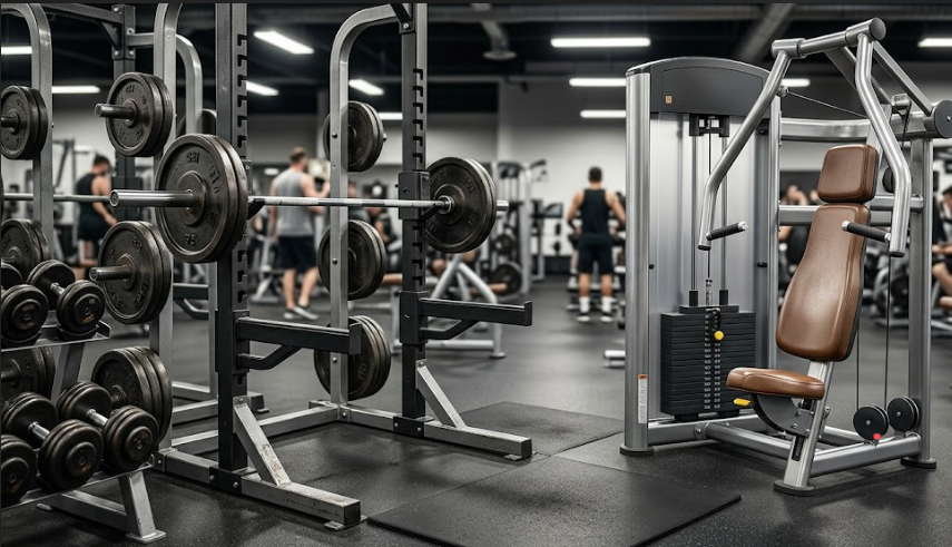 Sala de gimnasio con racks de peso libre y máquinas selectorizadas
