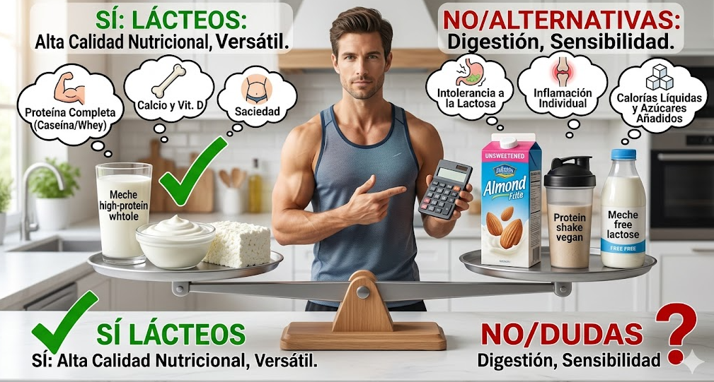 Balanza comparando lácteos y alternativas vegetales en la dieta fitness