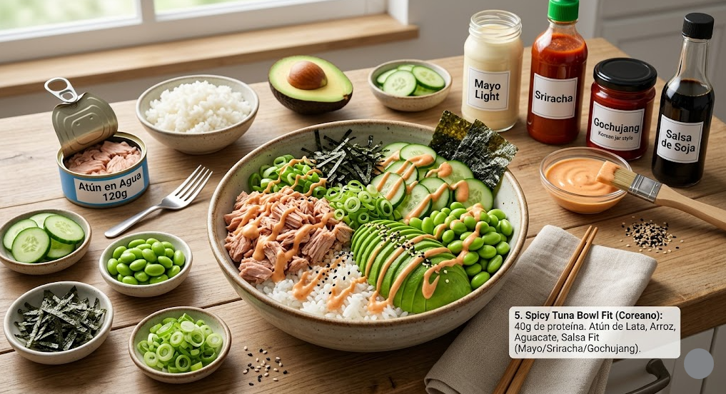 Bol coreano de atún con arroz, aguacate, pepino y salsa picante