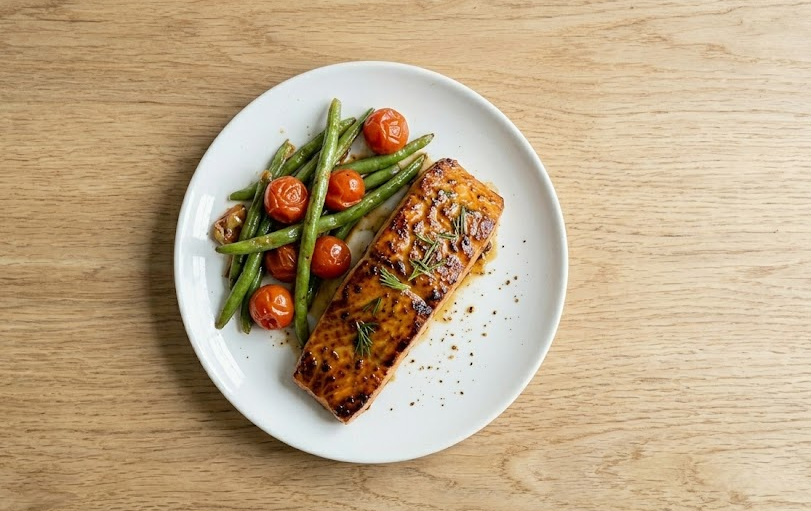 Salmón con miel y mostaza en airfryer con judías verdes y tomates
