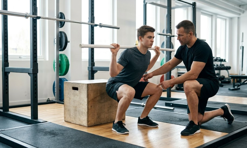 Entrenador corrigiendo sentadilla a principiante en el gimnasio
