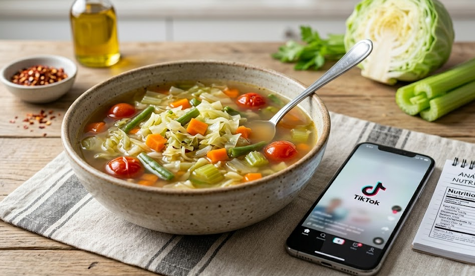 Bol de sopa de verduras quemagrasa viral de TikTok junto a un móvil