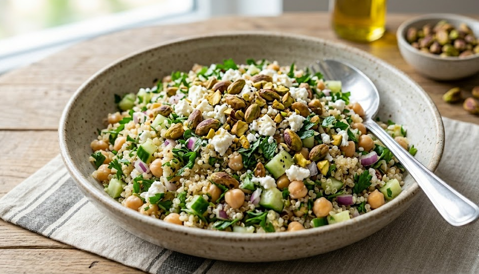 Ensalada Jennifer Aniston con quinoa, garbanzos, pistachos y feta