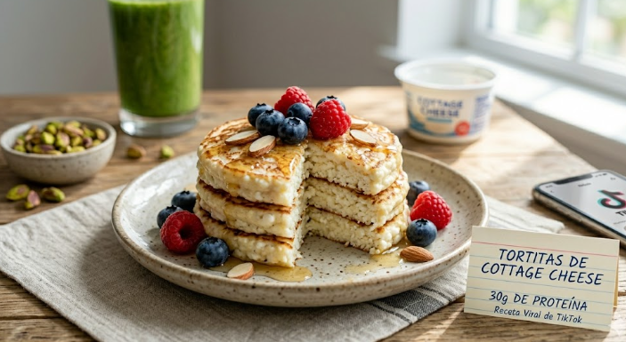 Tortitas de cottage cheese viral de TikTok con frutos rojos y almendras