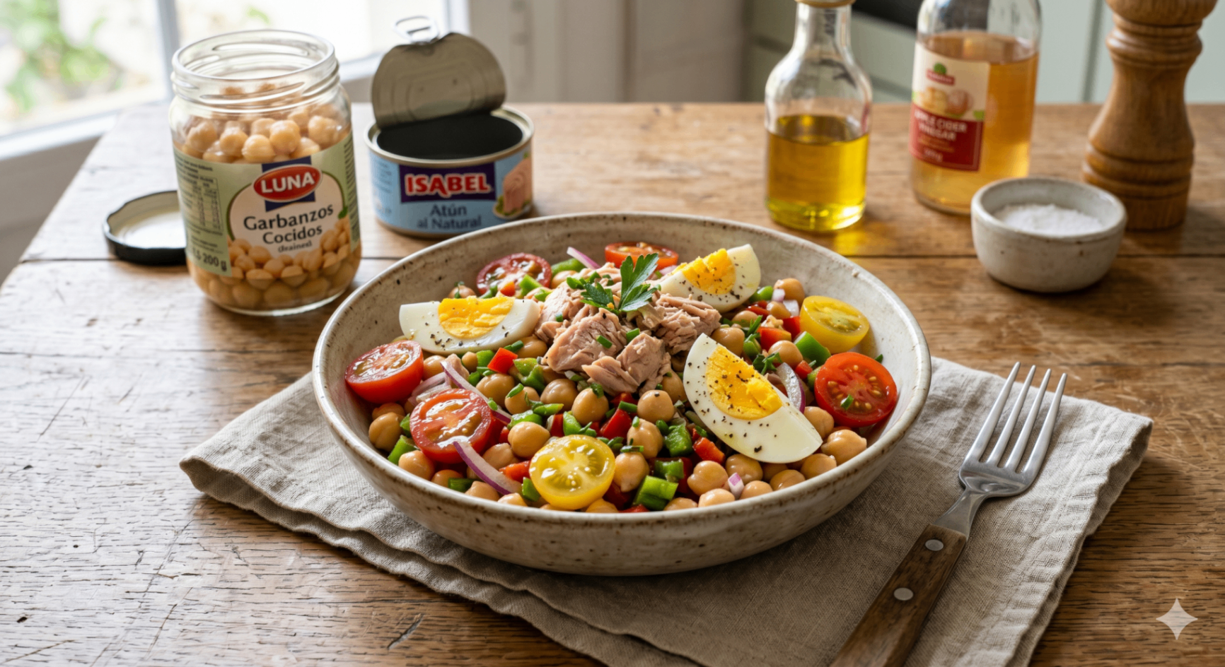 Ensalada de garbanzos con atún y huevo