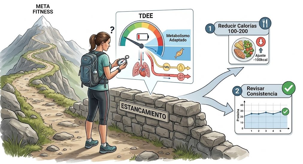 Mujer en montaña con esquema para ajustar macros cuando se estanca el progreso
