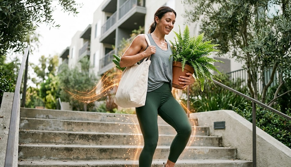 Mujer subiendo escaleras con bolsas y planta en movimiento cotidiano