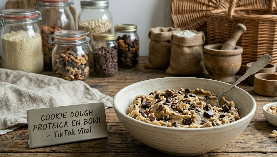 Bowl de cookie dough proteica viral de TikTok con chips de chocolate