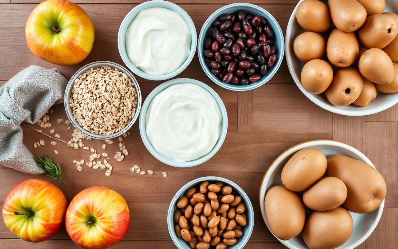 Mesa con huevos cocidos, patata cocida, manzana, yogur griego y avena como alimentos saciantes