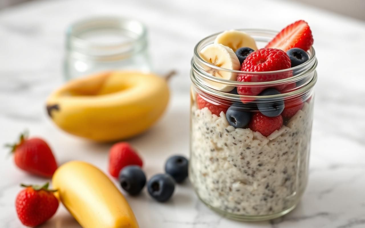 Tarro de cristal con avena overnight cremosa de plátano, proteína y frutos rojos