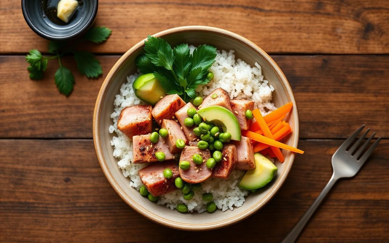 Bowl con arroz basmati, atún, aguacate, edamame y salsa sriracha en plato moderno