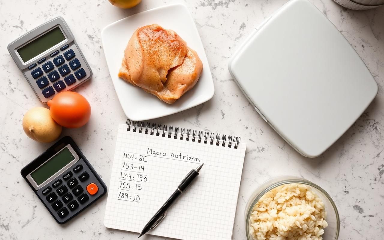 Báscula de cocina con alimentos frescos y calculadora para calcular macronutrientes