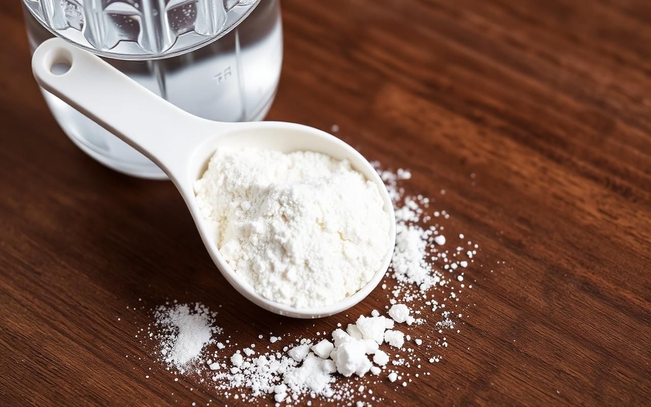Cuchara dosificadora con polvo blanco de creatina monohidrato sobre un fondo neutro