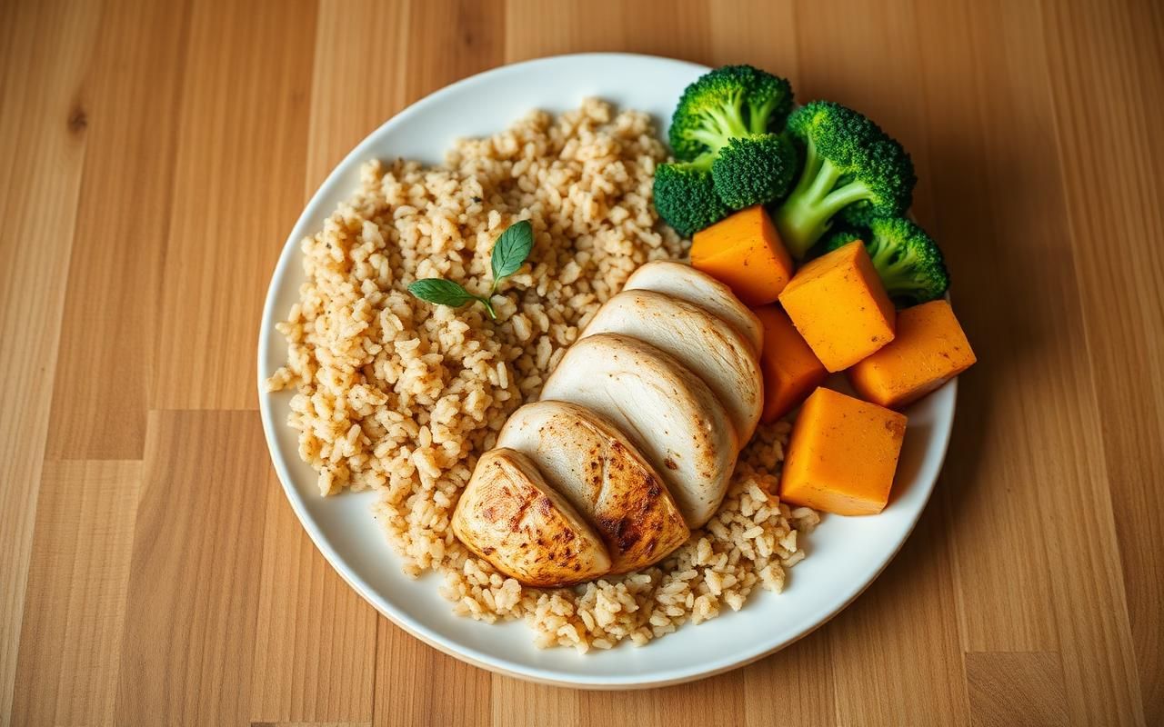 Mesa con plato saludable de arroz, pollo, brócoli y aguacate para ganar masa muscular