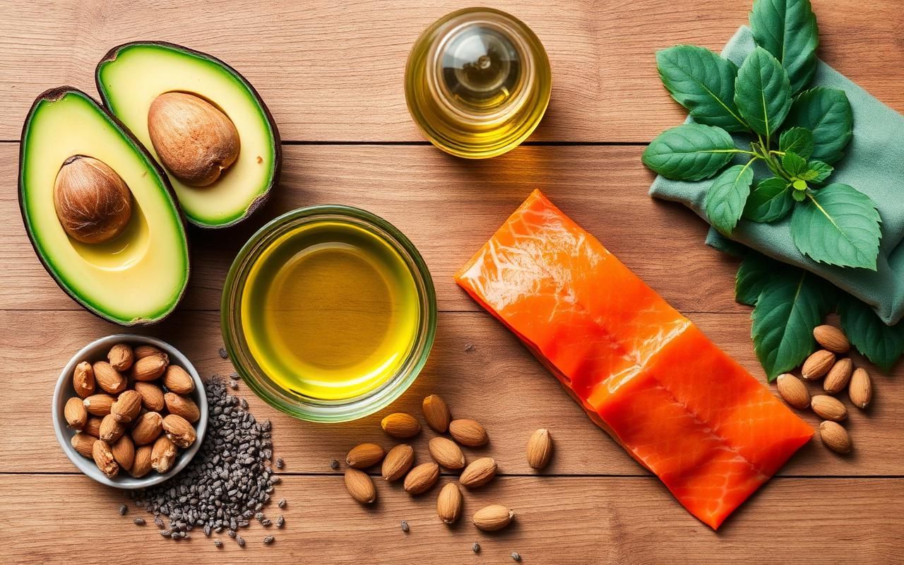 Aguacate, salmón, frutos secos y aceite de oliva como fuentes de grasas saludables