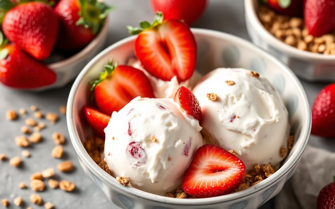 Tarrina con helado cremoso de yogur griego congelado con frutos rojos por encima