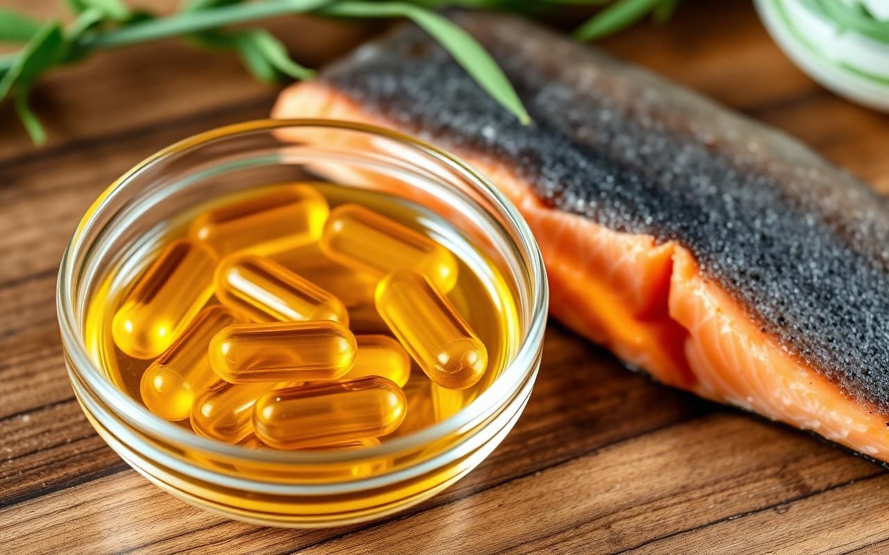 Cápsulas de aceite de pescado omega 3 brillantes sobre superficie de madera