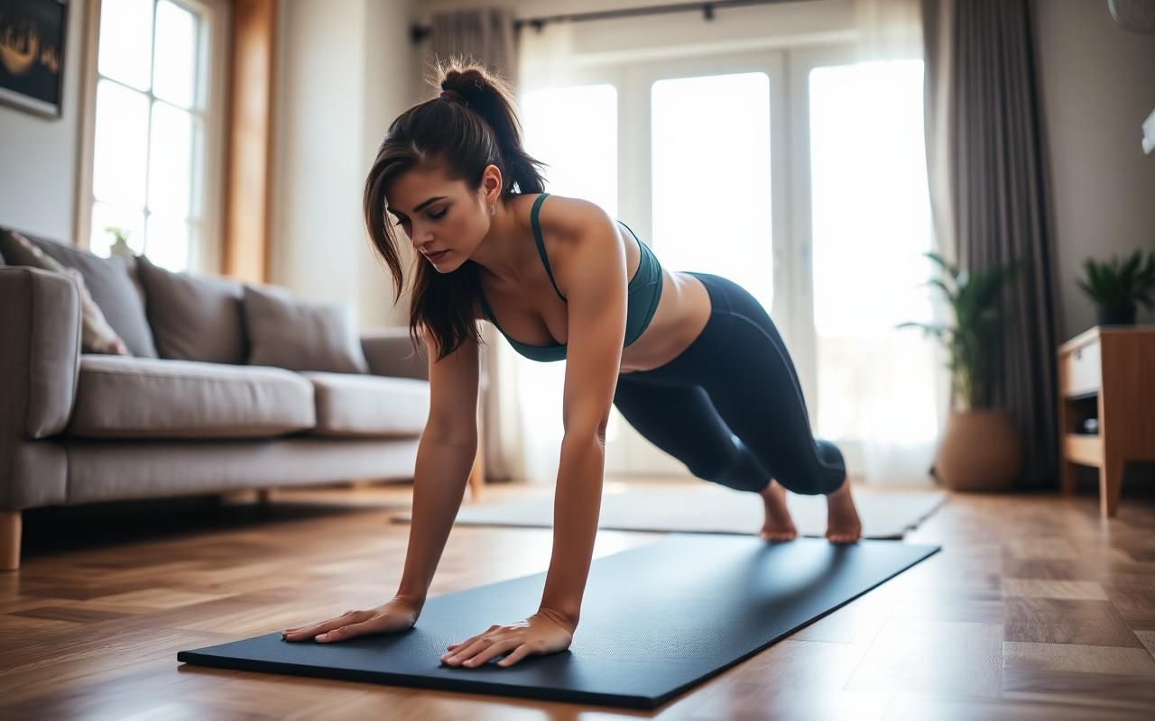 Persona haciendo flexiones en el salón de casa sobre esterilla durante una rutina de 30 días sin material