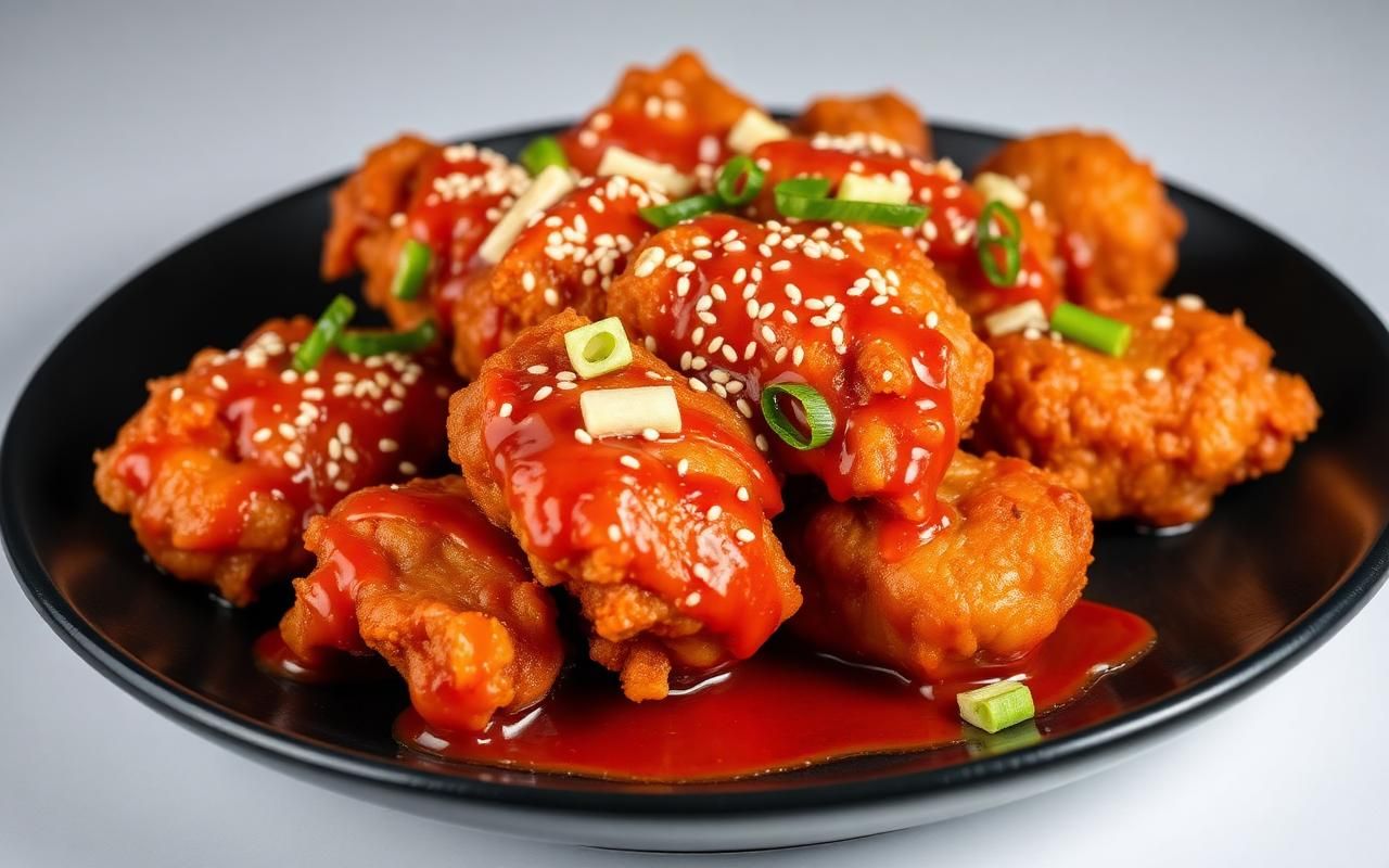 Bocados de pollo coreano crujientes con salsa gochujang brillante y semillas de sésamo
