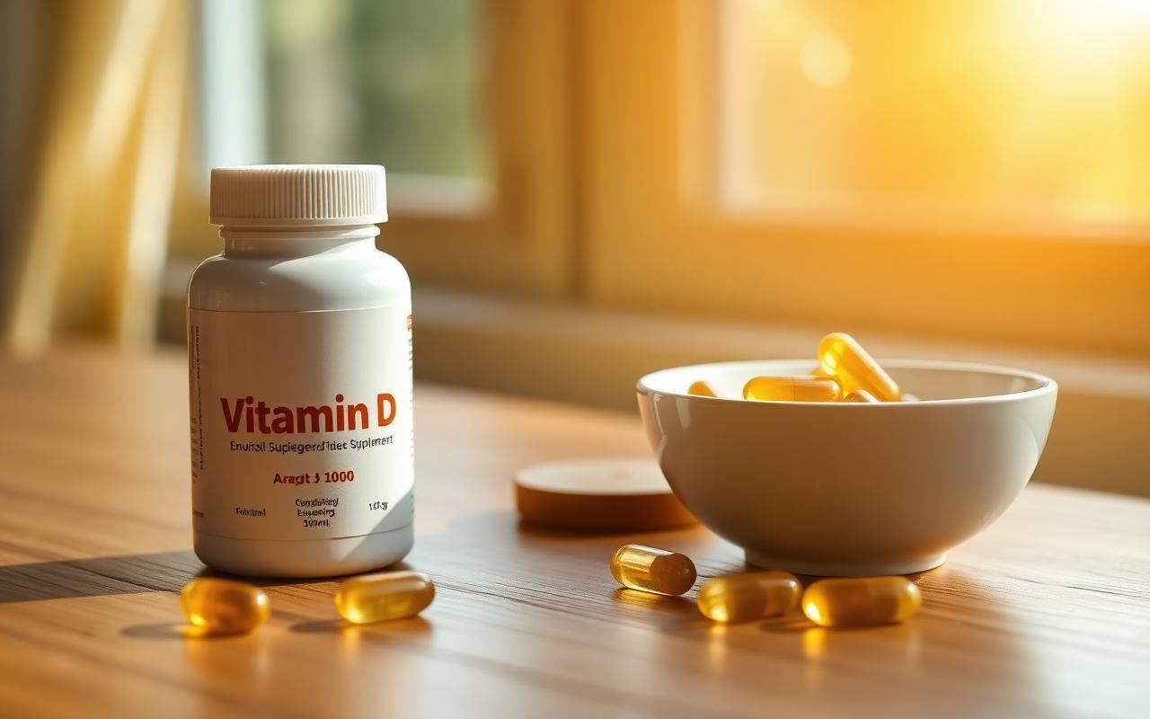 Cápsulas de vitamina D3 con análisis de sangre y luz natural entrando por la ventana