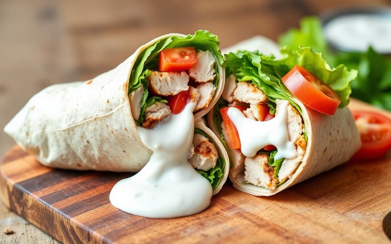 Wrap de tortilla integral con pollo a la plancha, queso fresco, lechuga, tomate y aguacate
